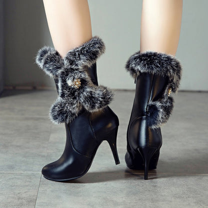 Women's Rabbit Fur High Heel Short Boots