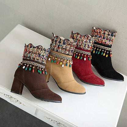 Women's Tassel Chunky High Heel Short Boots