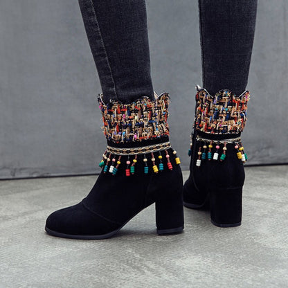 Women's Tassel Chunky High Heel Short Boots