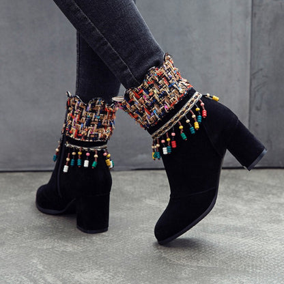 Women's Tassel Chunky High Heel Short Boots