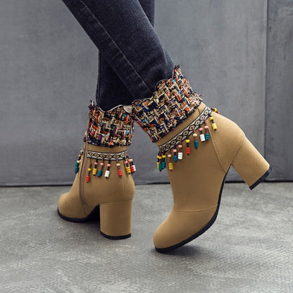 Women's Tassel Chunky High Heel Short Boots