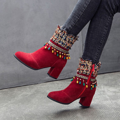 Women's Tassel Chunky High Heel Short Boots