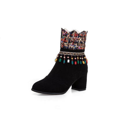 Women's Tassel Chunky High Heel Short Boots