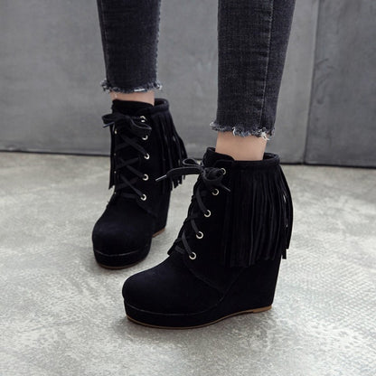 Women's Tassel Wedges High Heel Short Boots