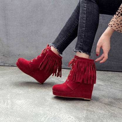 Women's Tassel Wedges High Heel Short Boots