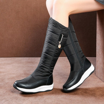 Women's Leather Zipper Waterproof Wedge Heels Down Tall Boots for Winter