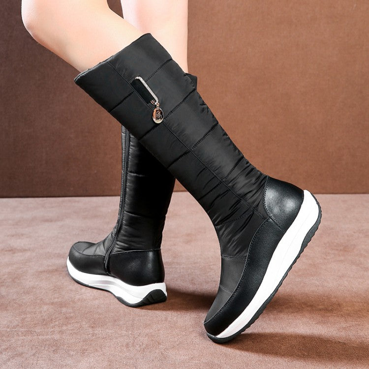 Women's Leather Zipper Waterproof Wedge Heels Down Tall Boots for Winter