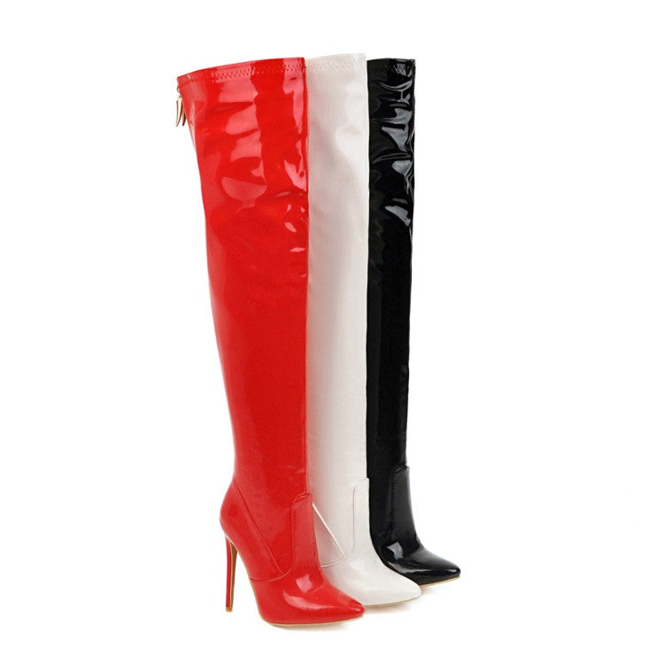 Women's Pu Leather Pointed Toe Stitching Back Zippers Stiletto Heel Over the Knee Boots
