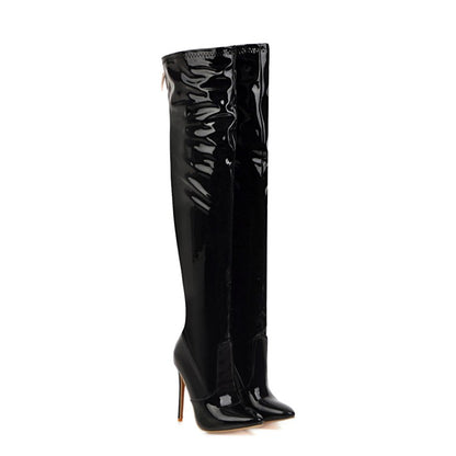 Women's Pu Leather Pointed Toe Stitching Back Zippers Stiletto Heel Over the Knee Boots