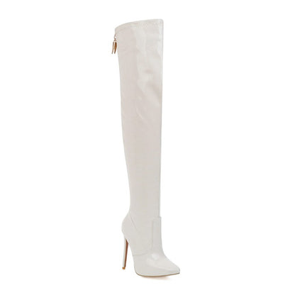 Women's Pu Leather Pointed Toe Stitching Back Zippers Stiletto Heel Over the Knee Boots