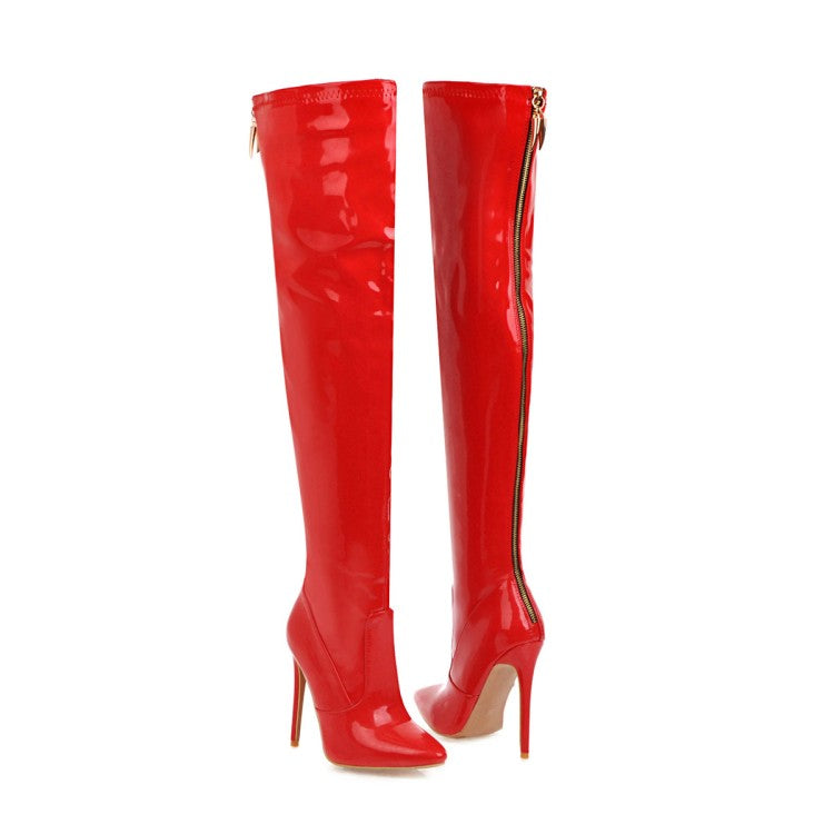 Women's Pu Leather Pointed Toe Stitching Back Zippers Stiletto Heel Over the Knee Boots