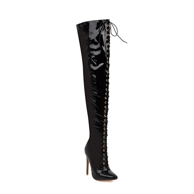 Women's Patent Leather Pointed Toe Side Zippers Strappy Stiletto Heel Over the Knee Boots