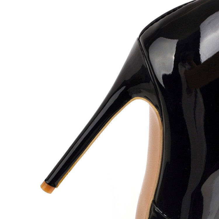 Women's Patent Leather Pointed Toe Side Zippers Strappy Stiletto Heel Over the Knee Boots