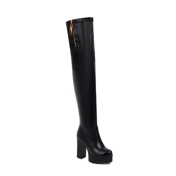 Women's Pu Leather Round Toe Side Zippers Chunky Heel Platform Over the Knee Boots