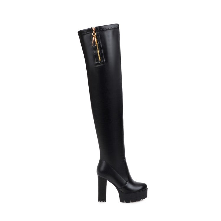 Women's Pu Leather Round Toe Side Zippers Chunky Heel Platform Over the Knee Boots