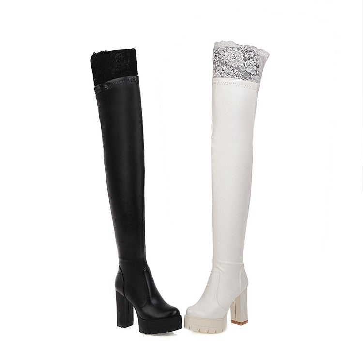 Women's Pu Leather Lace Stitching Block Heel Platform Over the Knee Boots