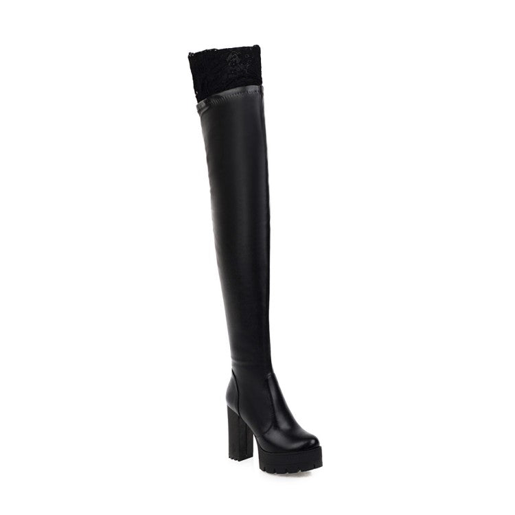 Women's Pu Leather Lace Stitching Block Heel Platform Over the Knee Boots