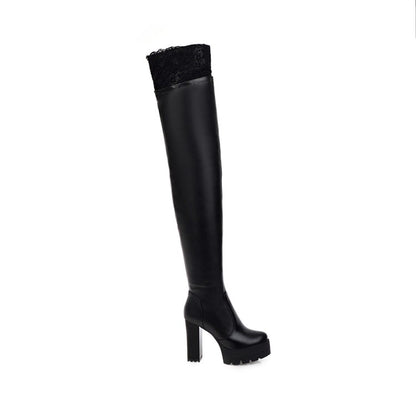 Women's Pu Leather Lace Stitching Block Heel Platform Over the Knee Boots