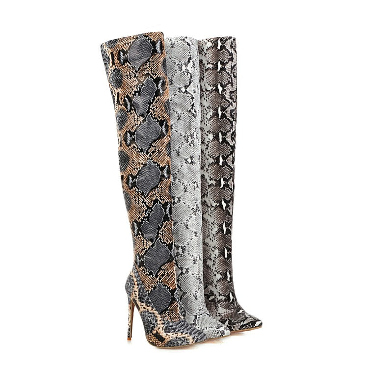 Women's Snake Pattern Pointed Toe Stiletto Heel Over the Knee Boots