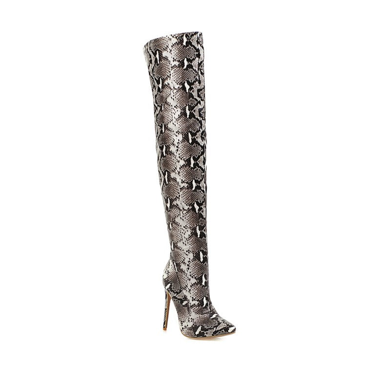 Women's Snake Pattern Pointed Toe Stiletto Heel Over the Knee Boots