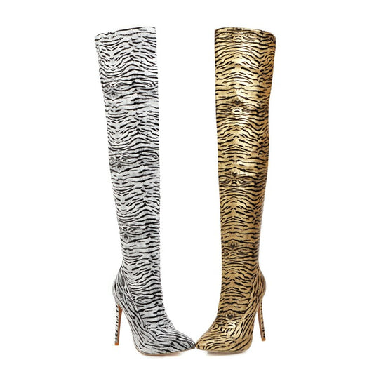 Women's Zebra Printed Pointed Toe Stiletto Heel Over the Knee Boots