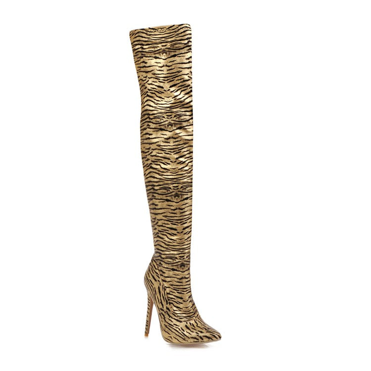 Women's Zebra Printed Pointed Toe Stiletto Heel Over the Knee Boots