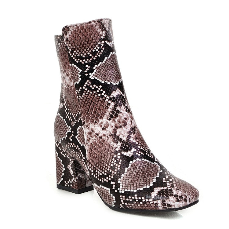 Women's Snake Pattern Square Toe Side Zippers Block Heel Short Boots