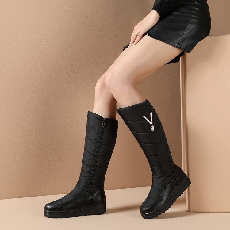 Women's Waterproof Rhinestones Platform Wedge Heels Down Tall Boots for Winter