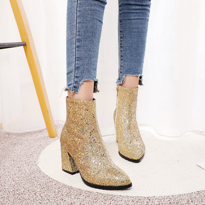 Women's Glitter Pointed Toe Side Zippers Block Chunky Heel Platform Short Boots