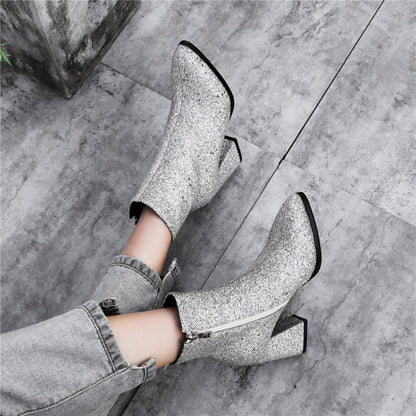 Women's Glitter Pointed Toe Side Zippers Block Chunky Heel Platform Short Boots