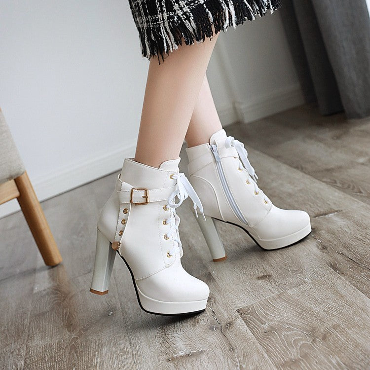 Women's Lace Up Side Zippers Chunky Heel Platform Ankle Boots