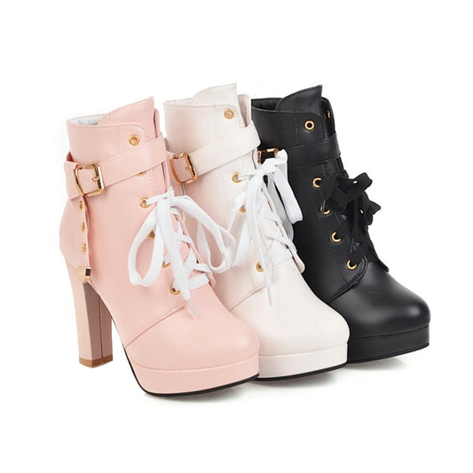 Women's Lace Up Side Zippers Chunky Heel Platform Ankle Boots