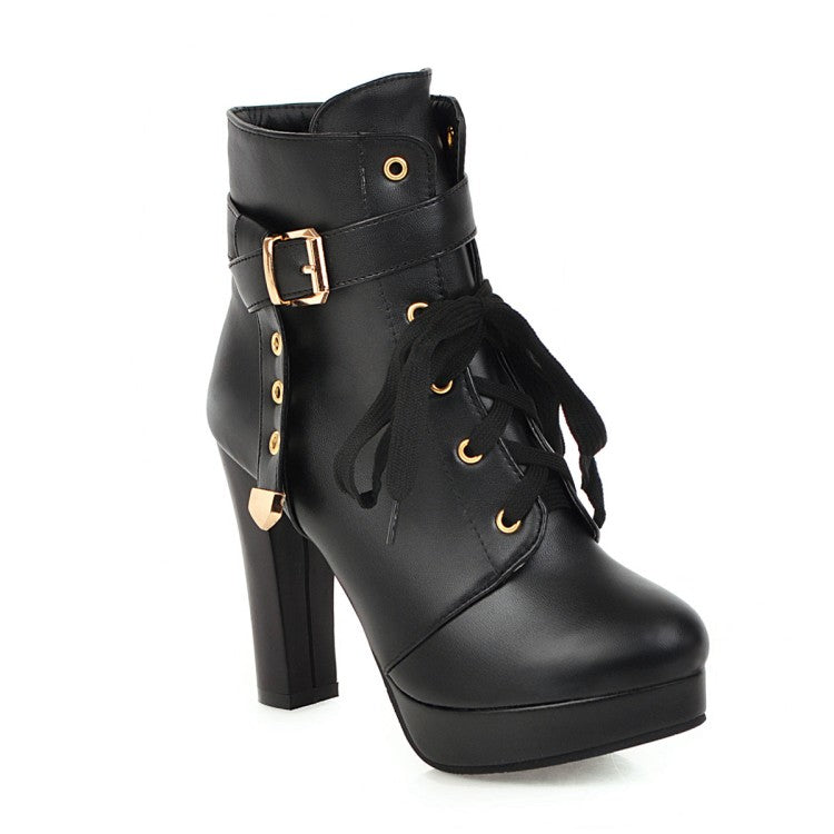 Women's Lace Up Side Zippers Chunky Heel Platform Ankle Boots