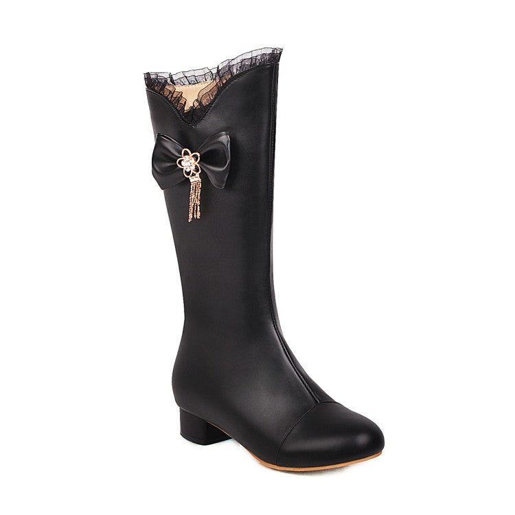 Women's  Bow Lace Low Heel Mid Calf Boots