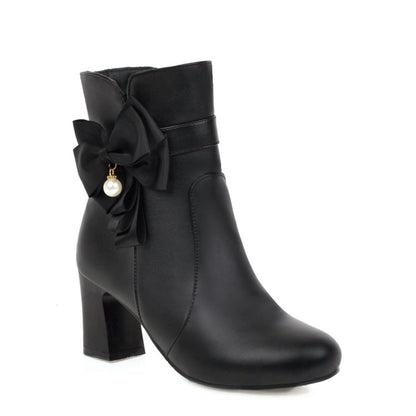 Women's Bicolor Knot Side Zippers Block Heel Ankle Boots