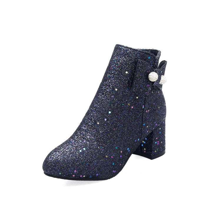 Women's Sparkling Sequins Round Toe Bow Tie Side Zippers Block Chunky Heel Short Boots