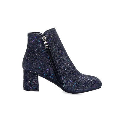 Women's Sparkling Sequins Round Toe Bow Tie Side Zippers Block Chunky Heel Short Boots