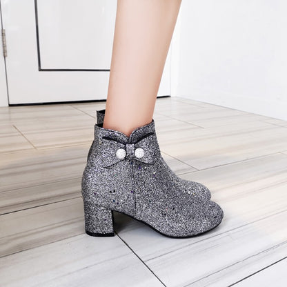 Women's Sparkling Sequins Round Toe Bow Tie Side Zippers Block Chunky Heel Short Boots