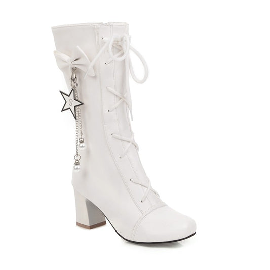 Women's Pu Leather Lace Up Bowtie Stars Tassel Block Heel Mid Calf Boots