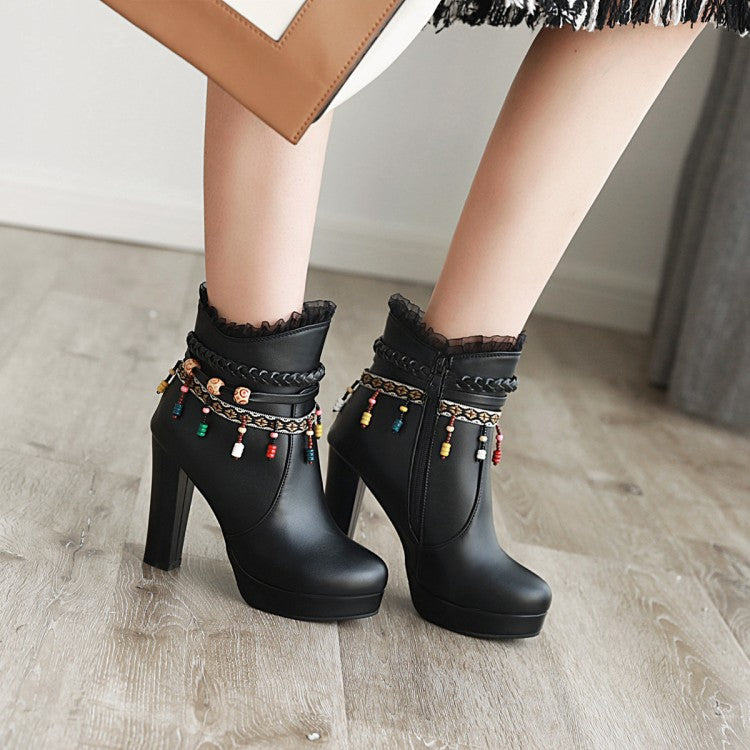 Women's Pu Leather Ethnic Tassel Lace Chunky Heel Platform Ankle Boots