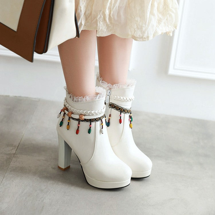 Women's Pu Leather Ethnic Tassel Lace Chunky Heel Platform Ankle Boots