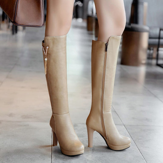 Women's Pearls Tassel Block Chunky Heel Platform Knee High Boots