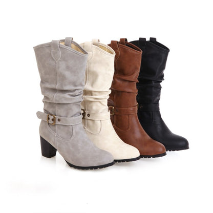 Women's Pu Leather Pointed Toe Belts Buckles Stitching Block Heel Mid Calf Boots