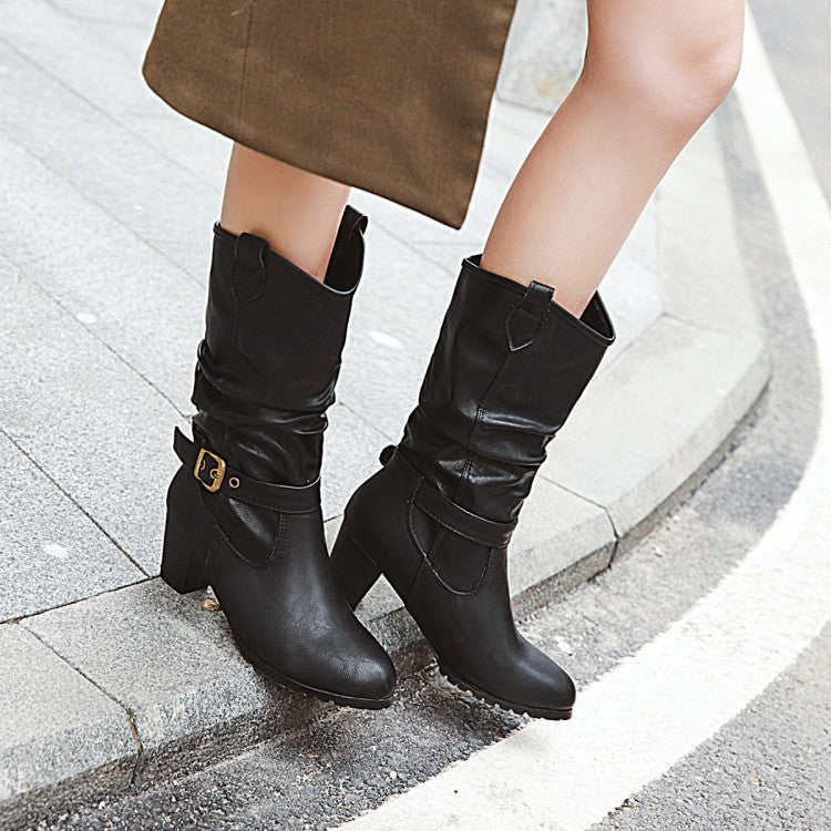 Women's Pu Leather Pointed Toe Belts Buckles Stitching Block Heel Mid Calf Boots