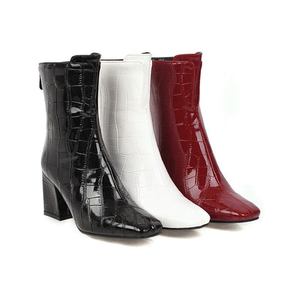 Women's Crocodile Pattern Pu Leather Square Toe Block Heel Short Boots