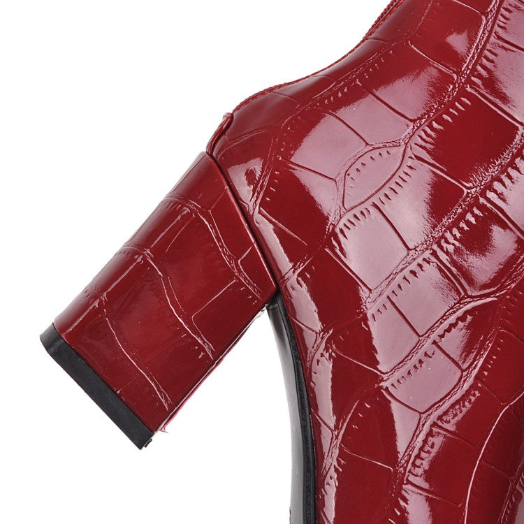 Women's Crocodile Pattern Pu Leather Square Toe Block Heel Short Boots