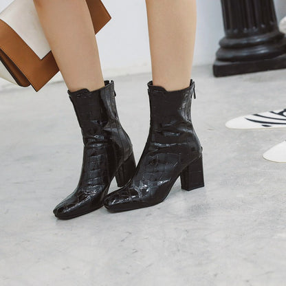 Women's Crocodile Pattern Pu Leather Square Toe Block Heel Short Boots