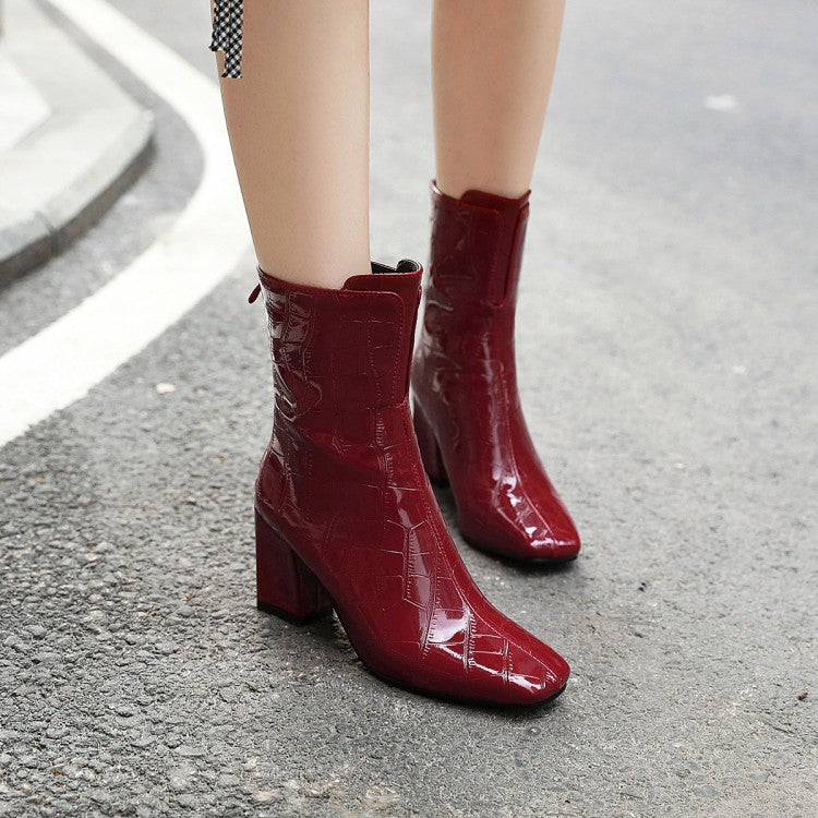 Women's Crocodile Pattern Pu Leather Square Toe Block Heel Short Boots