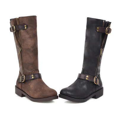 Womens' Buckle Belt Low Heels Knee High Boots