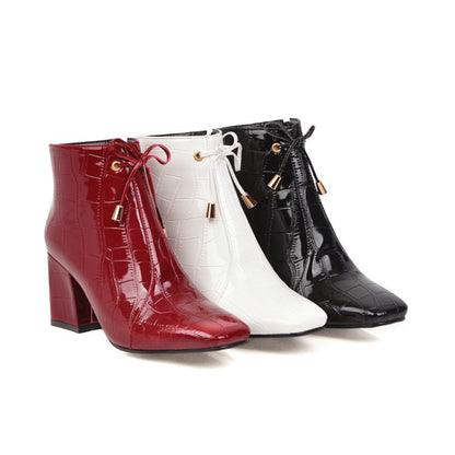 Women's Square Toe Crocodile Pattern Tied Block Heel Short Boots